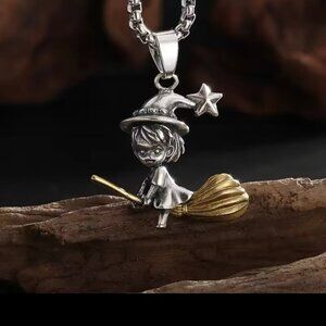 Witch Flying on Broom Tone Heavy Pendant and Necklace #1432